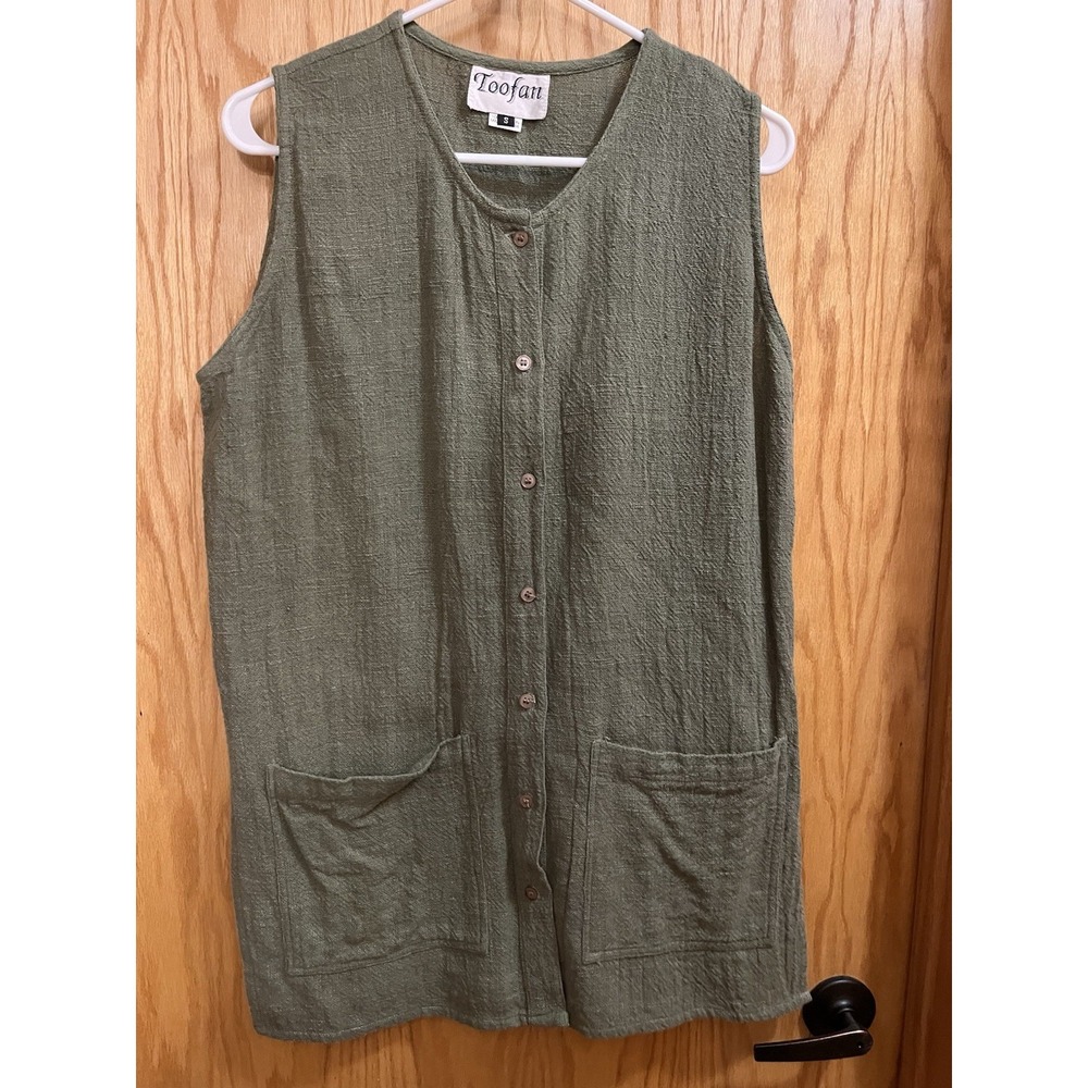 Toofan Womens Small Sleeveless Tunic Blouse Lagenlook Olive Green Cotton Natural